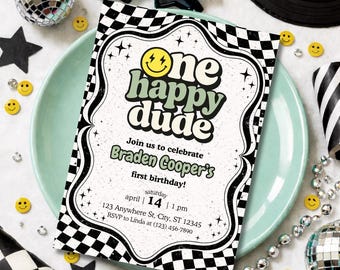 One Happy Dude Birthday Invitation Template | Boys Groovy Smiley Retro Checkerboard 1st Birthday Invite | Editable Canva Digital Download