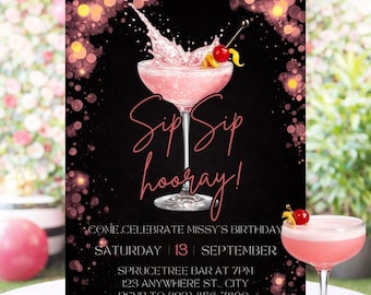 Sip Sip Hooray Birthday Invitation | Adult Party Invite | Double-Sided Canva Template | Women's Milestone Bar Birthday | Pink Cocktail Party