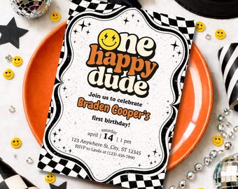 One Happy Dude Birthday Invitation | Retro Orange Smiley 1st Birthday Invite | Groovy Checkerboard Boy Party | Wild One Canva Template