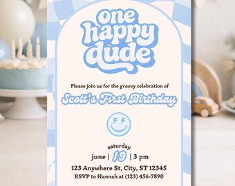 One Happy Dude Birthday Invitation | First Birthday Boy Invite | Groovy 1st Birthday Party Invite | Retro Blue Kids Birthday Canva Template