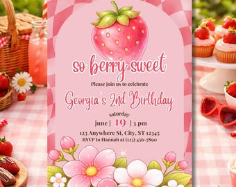 So Berry Sweet Birthday Invitation | Strawberry Birthday Party Invite | 2nd Birthday Girl Invite | Berry Theme Party | Pink Canva Template