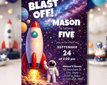 Space Birthday Invitation Template Editable Canva | Astronaut Birthday Party Invite | Outer Space Kids Birthday Invite | Blast Off Party