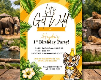 Let’s Get Wild Birthday Invitation | Tiger 1st Birthday Invite | Jungle Safari Birthday Party | Yellow Wild One Invite | Canva Template