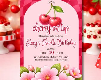 Cherry on Top Birthday Invitation | Cherry Birthday Party Invite | Sweet Cherry Theme Party | Girl Birthday Invite | Editable Canva Template