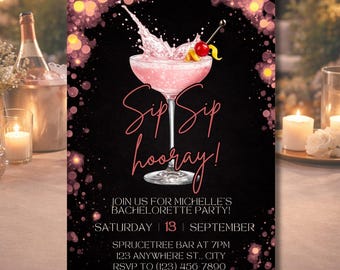 Bachelorette Party Invitation Template Editable Canva | Sip Sip Hooray Invite | Cocktail Party Invite | Girls Night Bach Invite