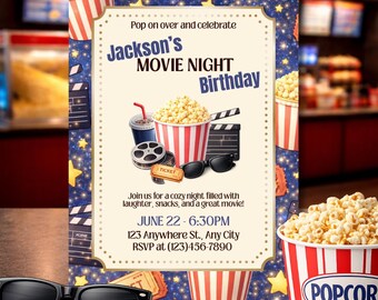Boys Movie Night Birthday Invitation | Editable Film Night Party Template | Kids Cinema Popcorn Canva Invite | Double-Sided Digital Download
