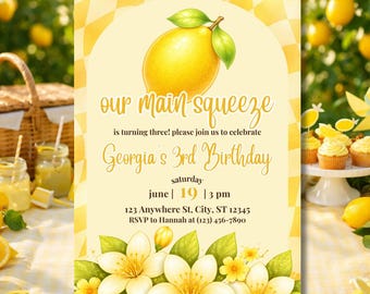 Our Main Squeeze Birthday Invitation | Lemon Birthday Party Invite | Summer Citrus Party | 3rd Birthday Girl Invite | Yellow Canva Template