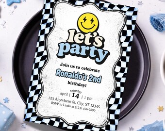 Lets Party Birthday Invitation | Blue Retro Smiley Face Birthday Invite | Groovy Checkerboard Boy Party | 2nd Birthday Canva Template