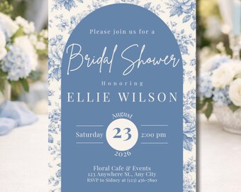 Blue Toile Bridal Shower Invitation | Editable Template | French Country Bridal Shower Invite | Elegant Floral Wedding Shower Canva