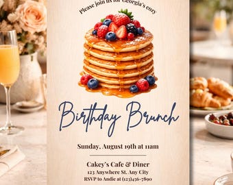 Let's Brunch Birthday Invitation Template Editable Canva | Adult Brunch Party Invite | Pancake Brunch Invitation | Breakfast Birthday Invite
