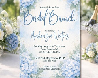 Bridal Shower Invitation Template Editable Canva | Bridal Brunch Invitation | Blue Floral Bridal Shower Invite | Elegant Wedding Shower