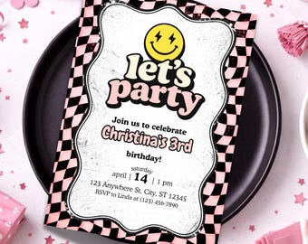 Let's Party Birthday Invitation | Pink Retro Smiley Face Birthday Invite | Groovy Checkerboard Girl Party | 3rd Birthday Canva Template