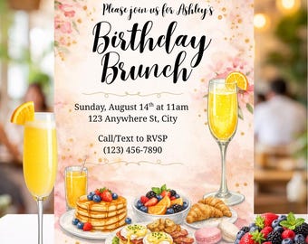 Pink Birthday Brunch Invitation Canva Template | Floral Mimosa Breakfast Birthday Invite | Champagne Adult Party Editable Digital Invite