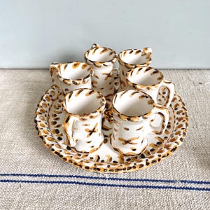 Vintage Grain de Sel Fréjus Ceramic Set | Set of 6 Mugs with Tray | French Pottery Provence | Espresso Liqueur Set, Hand-Painted