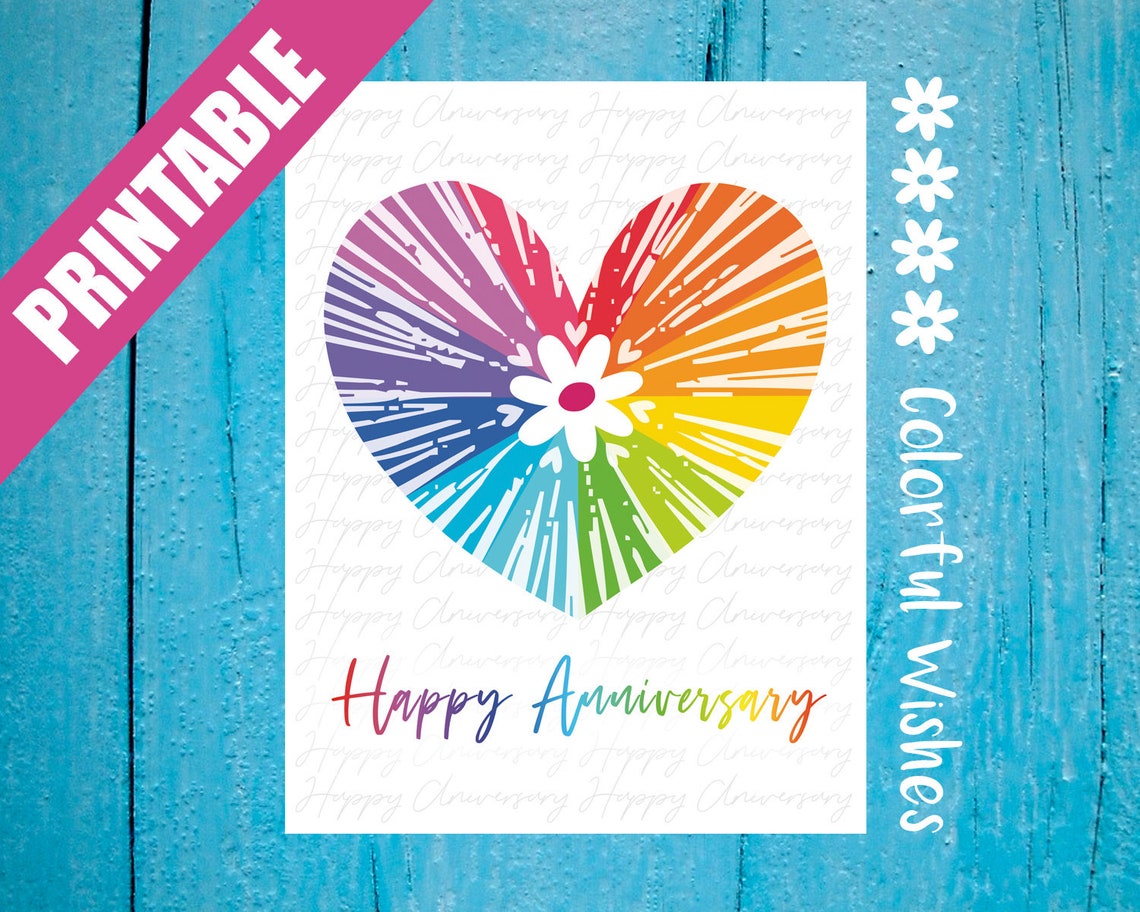 Rainbow Printable Happy Anniversary Card With Heart & Flower, Colorful ...