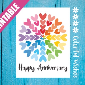 Dulce tarjeta de feliz aniversario imprimible, tarjeta de amor colorida con corazones, linda tarjeta de aniversario romántica para esposo, esposa, padres, tía, mejor amiga