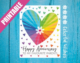 Happy Anniversary to My Favorite Parents, Funny Anniversary Card for Parents, Cute Printable Parents Anniversary Card with Colorful Heart