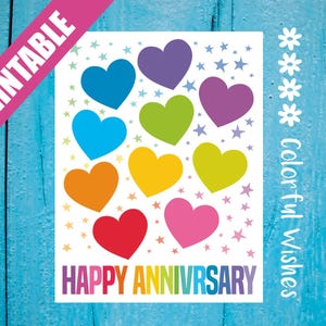 Biglietto di auguri di buon anniversario con cuori e stelle, biglietto di auguri di anniversario colorato e stampabile per genitori, nonni, moglie, marito, sorella, fratello