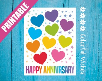 Happy Anniversary Card with Hearts & Stars, Colorful Printable Anniversary Card for Parents, Grandparents, Wife, Husband, Sister, Brother