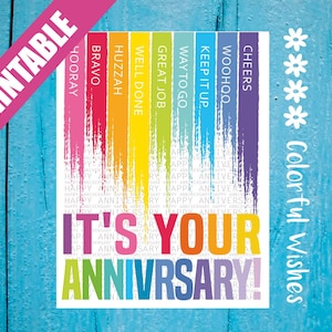 Evviva, Bravo, Saluti, Congratulazioni, Ben fatto, Divertente biglietto di auguri per l'anniversario, Biglietto di auguri di buon anniversario stampabile per genitori, amici, sorelle, fratelli