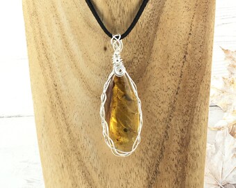 Baltic amber pendant, wrapped in sterling silver wire complete with neck cord or chain