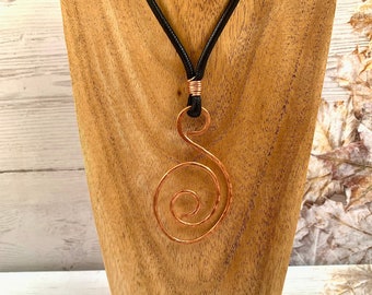 Hammered Copper Pendant, thick black neck cord with copper findings