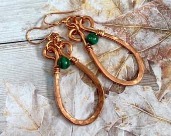 Hand forged copper earrings with malachite gemstones