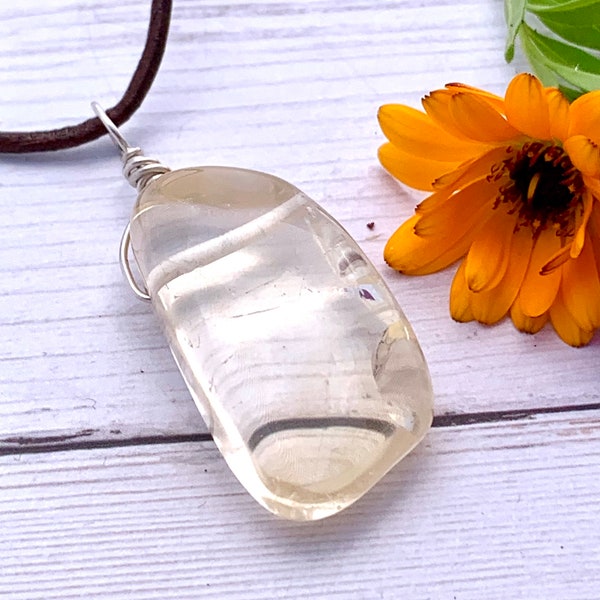 Natural Citrine silver wire wrap pendant with black neck cord, natural healing crystal stone.