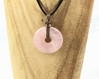 Wire wrapped rose quartz Pi donut crystal pendant, complete with neck cord