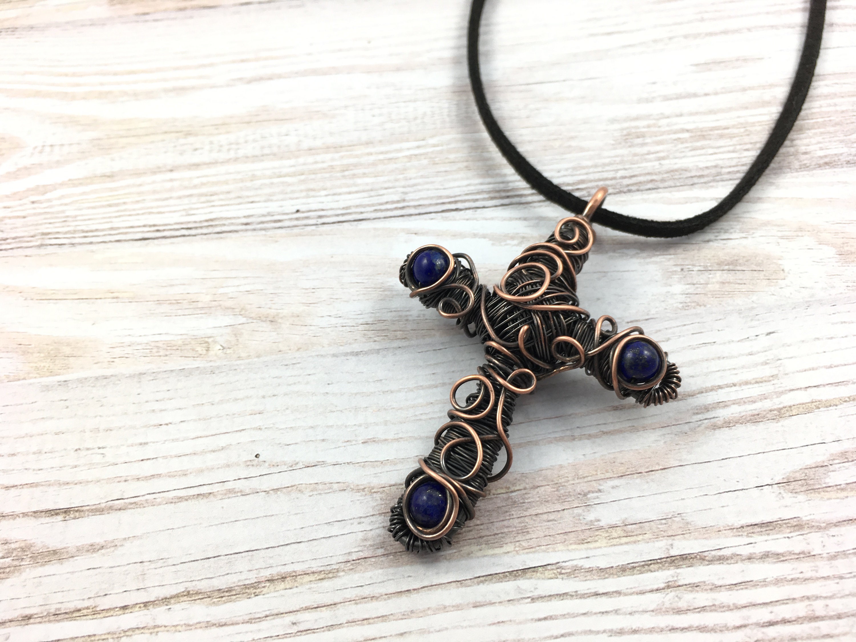 Wire wrapped cross copper wire cross with lapis lazuli focal Etsy