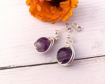 Gemstone sterling silver earrings, choice of post or drop earring style, Amethyst, Opalite, Tigers Eye