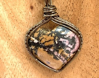 Breccicated Jasper heart wrapped in gunmetal copper wire, complete with neck cord