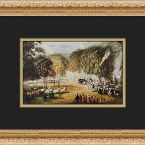 May include: A vintage painting depicting a large gathering of people in a park setting. The scene features a group of people standing in front of a stage, with a flagpole and an American flag in the background. The painting is framed in a gold frame with a black mat.