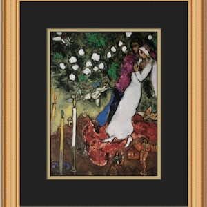 May include: A painting of a wedding scene with a couple in the center, surrounded by white flowers and angels. The bride is wearing a white dress and the groom is wearing a purple shirt. There are candles in the foreground and a red and brown background.