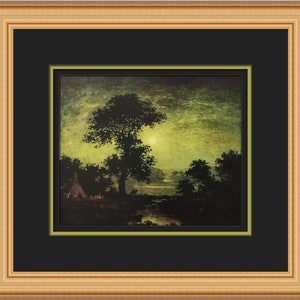 May include: A painting of a moonlit forest scene with a large tree in the foreground and a small campfire in the distance.