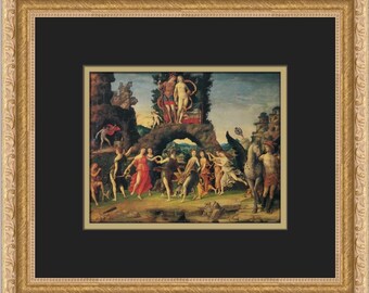 May include: A painting depicting a group of people dancing in a landscape setting. The figures are dressed in colourful clothing and are surrounded by trees and rocks. In the background, a woman stands on a rock formation, holding a bow and arrow. The painting is done in a Renaissance style and is full of detail.