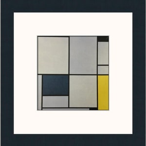 Puede incluir: Pintura abstracta con formas geométricas en tonos de gris, azul y amarillo. La pintura está dividida en nueve cuadrados, con una línea negra que separa los cuadrados.