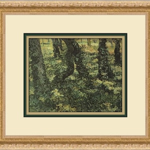 Op de afbeelding: Een schilderij van een boslandschap met hoge bomen en groen gebladerte. De bomen zijn geschilderd in een dikke, impasto-stijl, en het gebladerte is in een meer delicate stijl weergegeven. Het schilderij is gemaakt in een palet van groenen, bruinen en gele tinten.