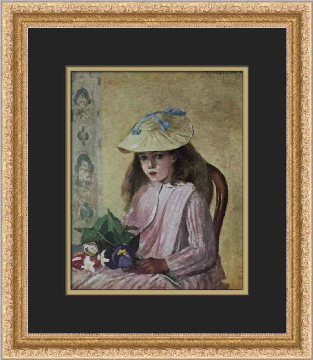 Camille Pissarro Portrait of Jeanne Holding Flowers Custom Framed