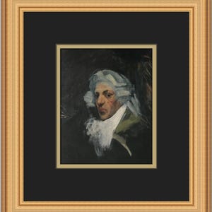 May include: A painting of a man's portrait. The man is wearing a white wig and a white cravat. He is looking to the left of the viewer. The background is dark.