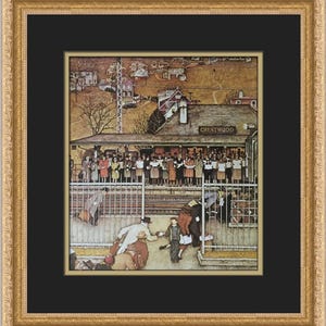 Puede incluir: Una pintura de estilo vintage que representa una estación de tren con un grupo de personas cantando villancicos. La estación se llama "Crestwood" y está ubicada en un pueblo pequeño. La pintura está realizada en un estilo realista con colores apagados.