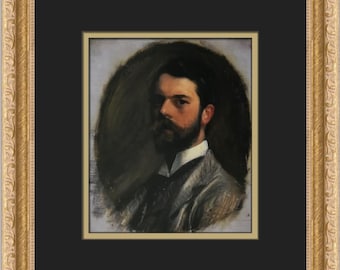 Può includere: Un dipinto ad olio incorniciato di un uomo con la barba. L'uomo indossa un abito scuro e una camicia bianca. Il dipinto è in una cornice dorata.