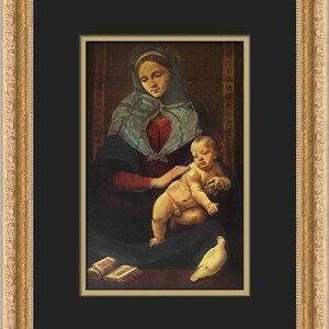 Puede incluir: Una pintura de la Virgen María sosteniendo al niño Jesús. María lleva una túnica azul y roja y un velo blanco. Jesús está desnudo y sostiene un pájaro. La pintura tiene un fondo oscuro.