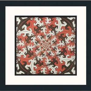 May include: A black and white optical illusion artwork featuring a spiral pattern of red and white fish. The fish are arranged in a way that creates a sense of depth and movement.