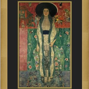 May include: A painting of a woman in a white dress and a blue shawl, standing in front of a green and red background with flowers. The woman is wearing a black hat and has dark hair.