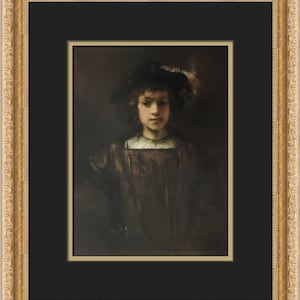 May include: A painting of a young person wearing a dark red dress and a black hat with a white feather. The person is looking directly at the viewer with a serious expression.