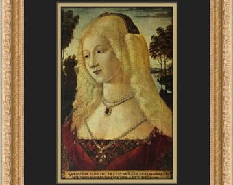 May include: A portrait painting of a woman with long blonde hair wearing a red dress and a pearl necklace. The background is a landscape with trees and a river. The painting includes the text "QUAN TUM. HOMINI. I.A. EST. MIRA. LICET. ASSA. RAR.  NI. AD. Q.UAM. MORTALIS. I.A. V.I. TOR. ARTE. DEOS."