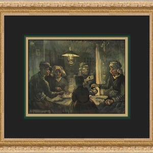 May include: A painting depicting a group of people gathered around a table in a dimly lit room. The scene is illuminated by a single lamp hanging from the ceiling. The people are dressed in simple clothing and appear to be engaged in conversation. The painting is done in a realistic style with a focus on capturing the details of the scene.