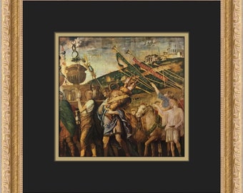 May include: A painting depicting a procession of people carrying a large, ornate vessel. The scene is set against a backdrop of a hilly landscape with a city in the distance. The figures are dressed in colourful robes and carrying various objects, including flags, musical instruments, and a large, ornate vessel. The painting is done in a realistic style and features a rich palette of colours.