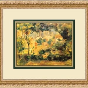 以下が含まれることがあります： 遠くの村を垣間見る緑豊かな森を描いた絵画。木々は緑、黄、茶色の色合いで描かれており、村の建物が背景に現れています。